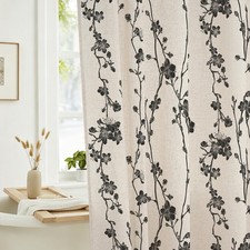 Black Farmhouse Linen Shower Curtain, Boho Floral Fabric, 72 x 72