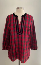 Talbots Red and Black Plaid Sparkle Accent Velvet Trim Top sz Large
