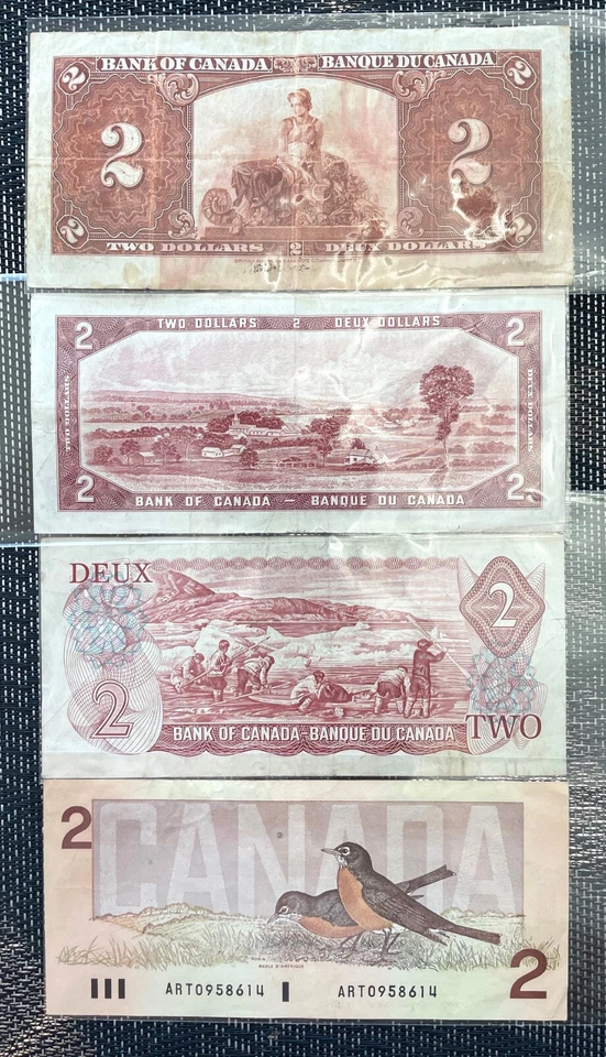 Vintage, Bank of Canada, $2 Banknotes, 1937, 1954, 1974, 1986, OLD SET. - Image 2 of 2