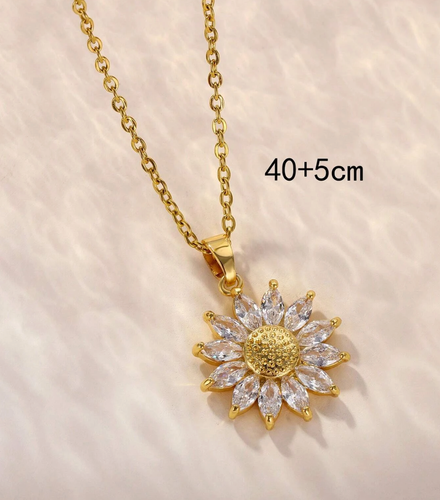 Women's Necklace Sunflower Pendant 18k Gold PL Chain Cubic Zirconia Fine Jewelry - Picture 3 of 3