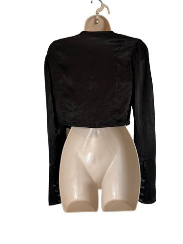 Free People Blouse XS Stretch Black Shirt Crop Top Long Sleeve Clip Hook Ruffles - Picture 5 of 12