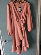 BNWT Boohoo Size 14 Pink Long Sleeve Frill Knee Length Wrap Dress (423/5/v)