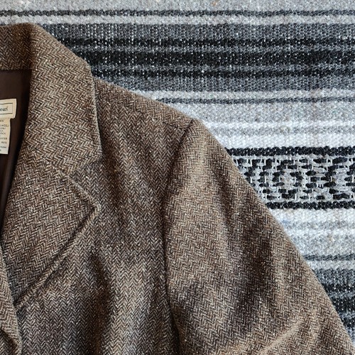 Vtg LL Bean S Wool Silk Blend Equestrian Blazer Jacket Tweed Brown Herringbone - Picture 3 of 20