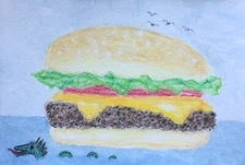 ACEO Original Watercolor Painting No Cheeseburger is an Island  by Addison
