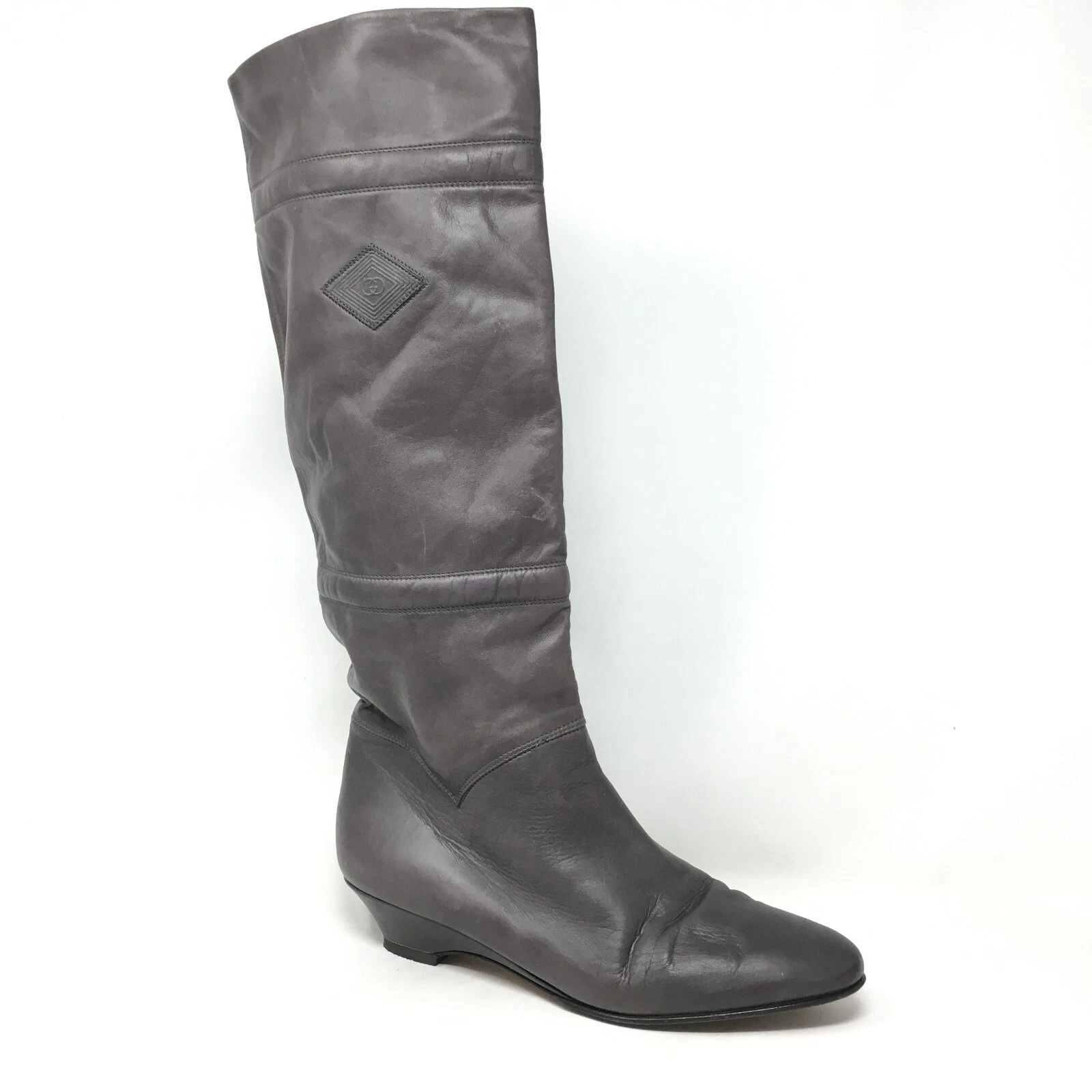 Gucci GG bottes hautes genoux chaussures femme pointure 6,5 US 38,5 EU cuir gris à enfiler