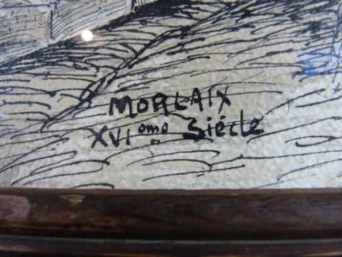 "Disegno a inchiostro franco-indiano firmato O. KERJEAN ""Morlaix nel XVI secolo" - Foto 7 di 10