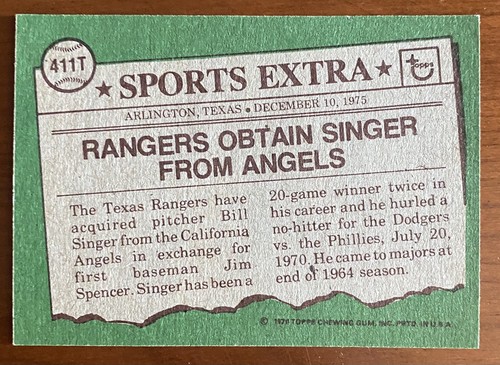 1976 Topps Traded BILL SINGER #411T Rangers NrMt-Mt - Picture 2 of 2