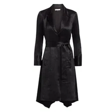 Halston Womens S Black Crushed Satin Trench Dress Collared Long Sleeve Asym Hem