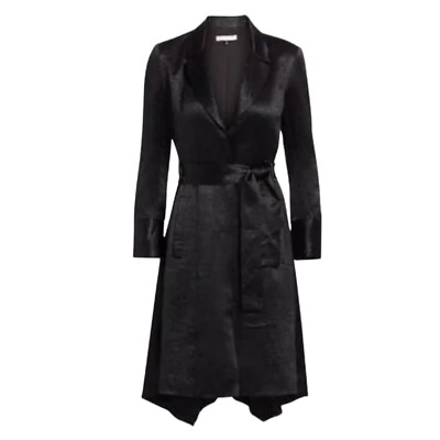 Halston Womens S Black Crushed Satin Trench Dress Collared Long Sleeve Asym Hem