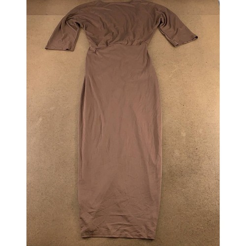 Womens Faux Wrap Dress Brown Asymmetric Tulip Hem V Neck 3/4 Sleeve M New - Picture 2 of 7
