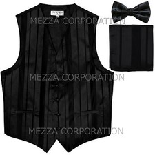 New Men's Tuxedo Vest Waistcoat Stripes Bowtie Hankie set formal party Black