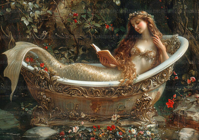 Meerjungfrau liest in Badewanne Kunstdruck, Fantasy Gartendeko, Mythologie Sirene Q91