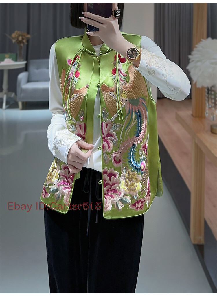 Embroidery Womens Chinese Style Imitated Silk Satin Retro Vest Waistcoat Top image 9