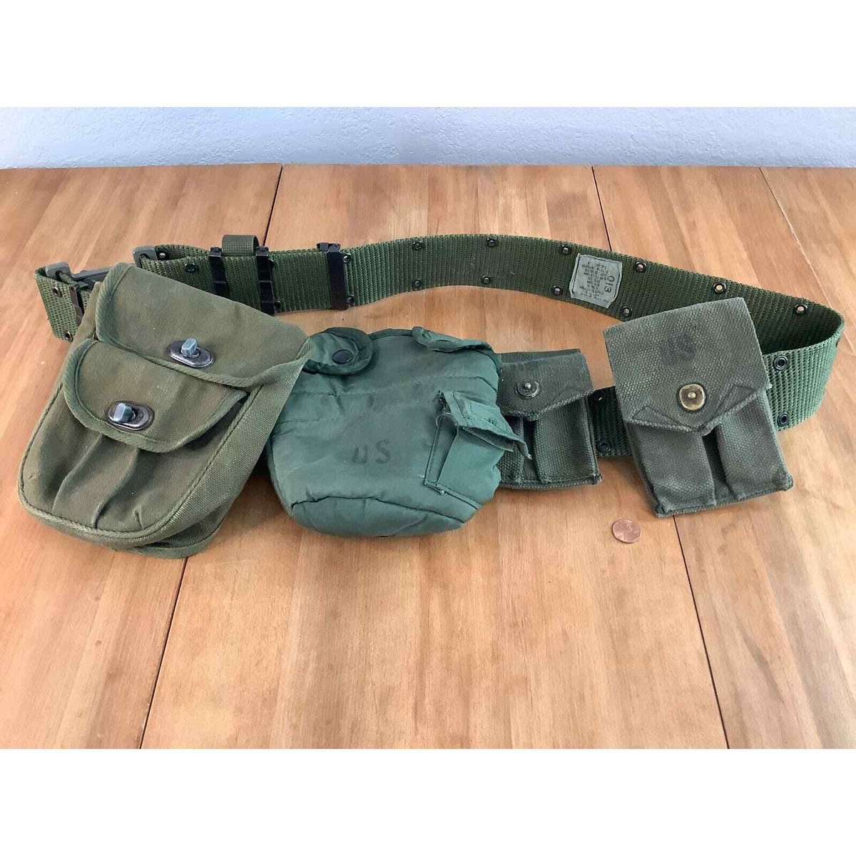 Authentic Vintage Military Equipment Belt with Canteen Cover and