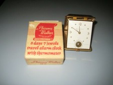 Vintage German Phinney Walker travel alarm clock 7 jewel + thermometer Swiss