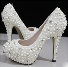 Pearls Crystal Wedding shoes Bridal bridesmaids high heel pump wedge platform