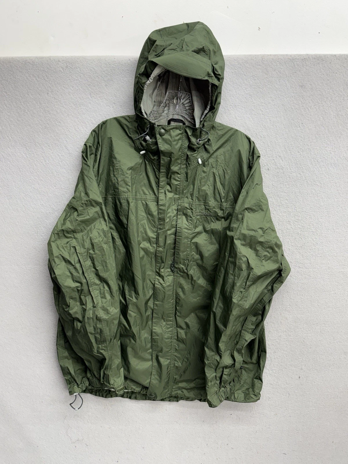 LL Bean Mens Maine Packable Green Nylon PVC Rain Poncho Jacket Hooded Sz L Tall