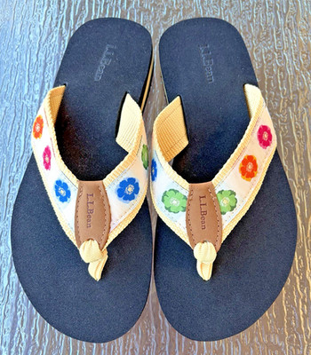 LL Bean Floral Sandals Flip Flop Sz 6 Yellow Fabric Wide Strap Toe Post Flowers