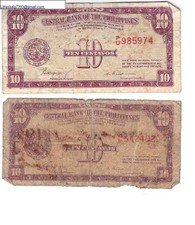 Two 1949 Philippines 10 Centavos Banknote Currency Condition Fair & Poor