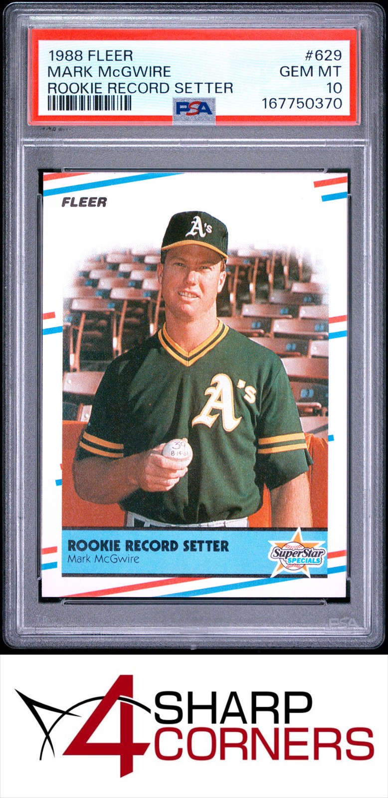 1988 FLEER ROOKIE RECORD SETTER #629 MARK McGWIRE ATHLETICS PSA 10