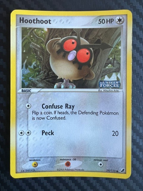Pokémon TCG Hoothoot 59/115 Unseen Forces Reverse Holo Stamped MP