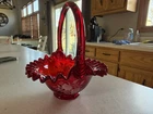 Vintage Ruby Red Glass Basket Fenton Hand Painted Signed By Artist Ruffled Edge
