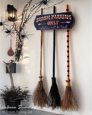 Halloween Decorations Broom Parking Sign W/ 3 Wooden Witches Brooms Hocus Pocus