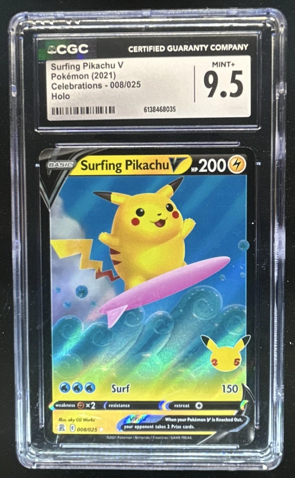 2021 Pokemon SWSH Celebrations Surfing Pikachu V Holo #008/025 CGC 9.5