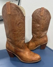 Acme Dingo Rust Driftwood Womens Brown Leather Heel Vtg Cowboy Boots 8 USA Made