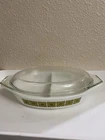 VINTAGE PYREX VERDE GREEN SQUARE FLOWERS DIVIDED 1 QUART CASSEROLE DISH WITH LID