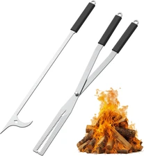 GARVIN Heavy Duty Fire Tongs & Poker Set, 27.7" Long-Handle Carbon Steel Log Gra
