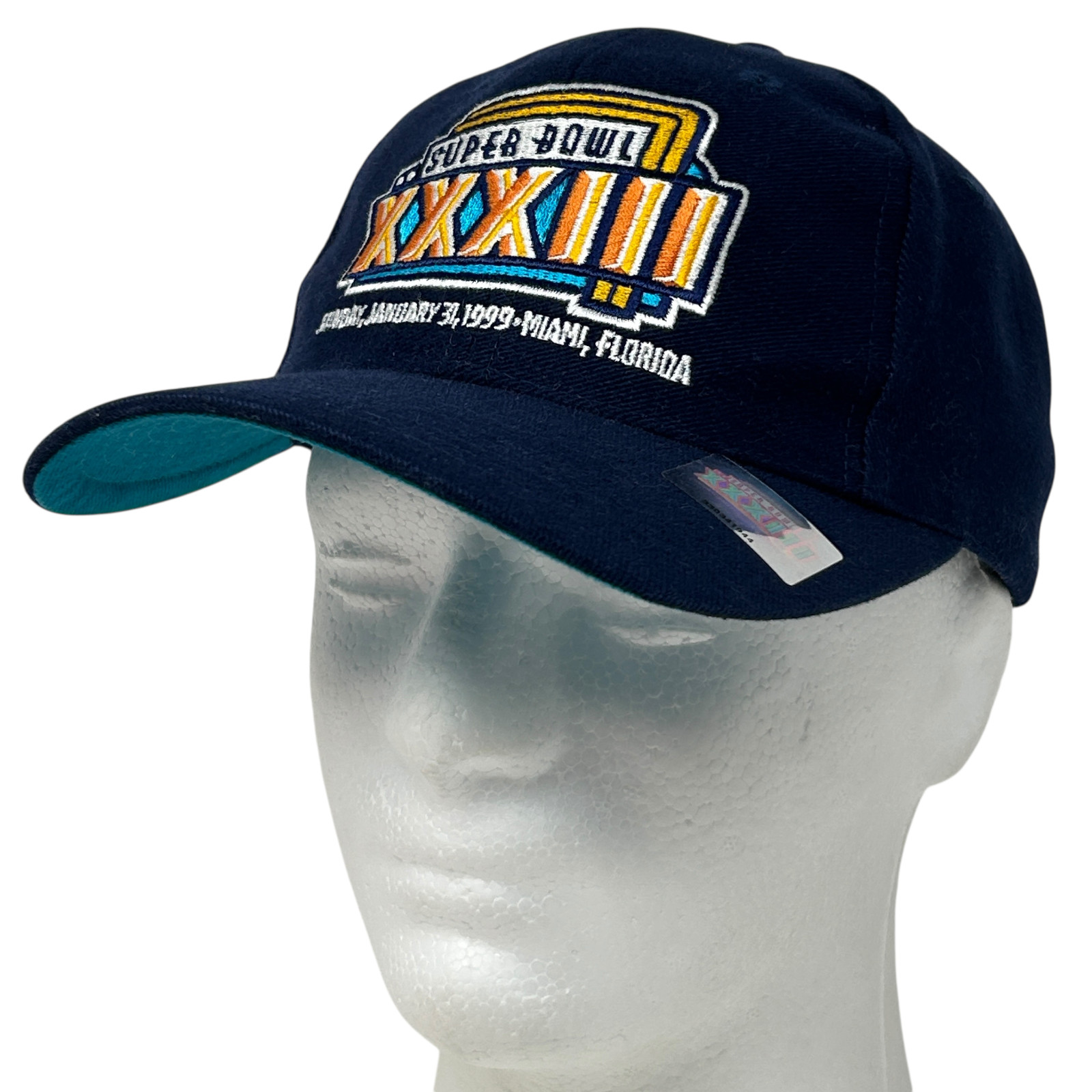 Vintage 90s Super Bowl XXXIII Hat Cap Blue Denver Broncos Miami Logo 7 Snapback