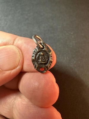 Mini Brass Buddha Talisman Pendant Amulet, Crescent Moon & Dot Symbol, Tibetan/