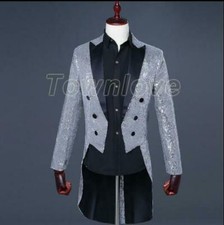 Chic Men Tuxedo Bling Glitter Suit Jacket Formal Tail Coat Club Wedding Coat