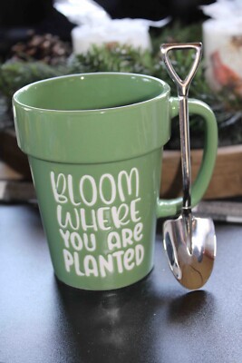 True Living ''Bloom Where You Are Planted'' Green Ceramic 16 oz Coffee Tea Mug