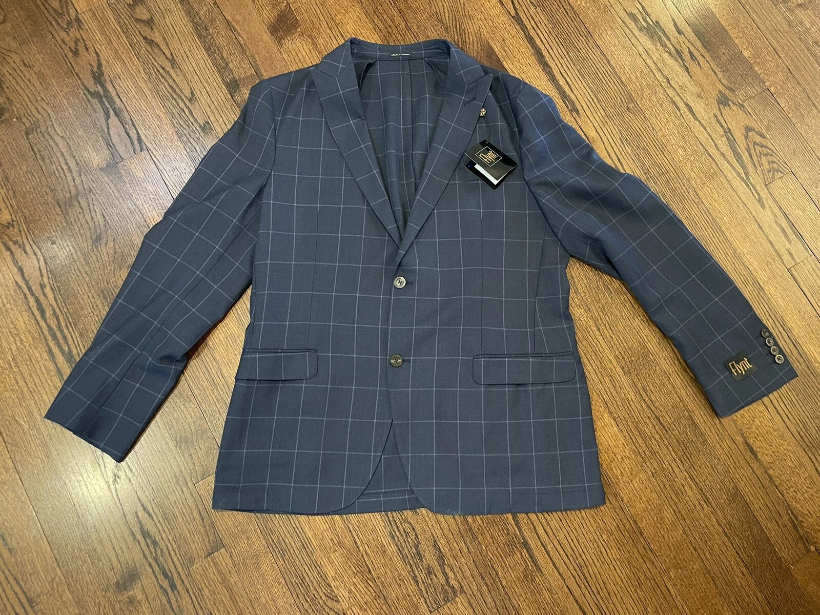 FLYNT Wayne Mens Summer Blazer Sportcoat Wool Navy Window Pane Unlined 44L NWT
