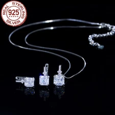 White CZ Square Cut Necklace Earring 925 Sterling Silver Women Party Jewelry Set