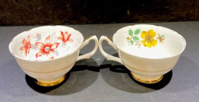 Pair Of Royal Grafton Bone China Tea Cups Footed Flower Design England