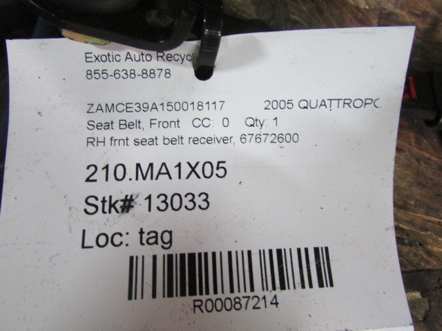 Maserati Quattroporte, RH, Right Front Seat Belt Receiver, Used, P/N  67672600