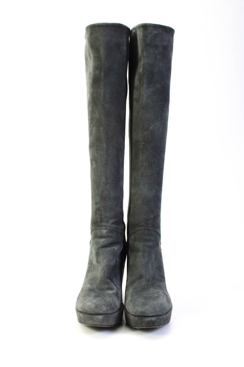 Stuart Weitzman Womens Suede Closed Toe Wedge Heel Knee High Boots Gray