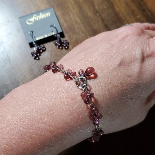 Armband & Ohrringe NEU Rhodiniert Lila Glas Träne Perlen Hebel Vintage - Bild 7 von 7