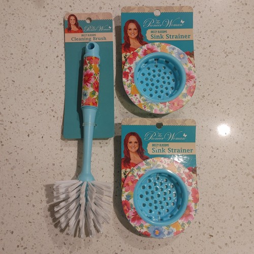 Pioneer Woman Breezy Blossoms 2 Sink Strainers & Brush Set Aqua Ree