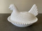 Vintage White Milk Glass Chicken Hen On Nest Two Piece Candy Dish Container