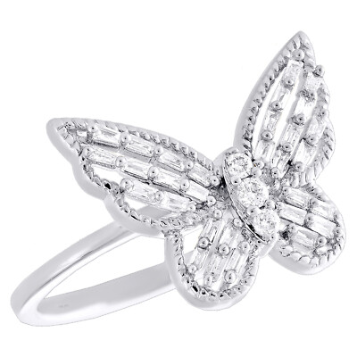14K Weißgold Baguette Diamant Damen Milgrain Schmetterling Cocktail Ring 1/4 Karat
