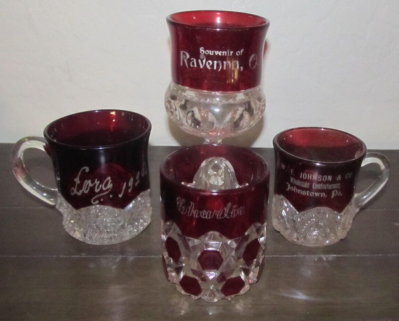 Red Ruby Flash Punch Cups Souvenir Glass Challis Johnstown, PA Confectioners