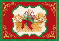 Kitten and Puppy in Basket Cat and Dog Designer Greetings Christmas Card