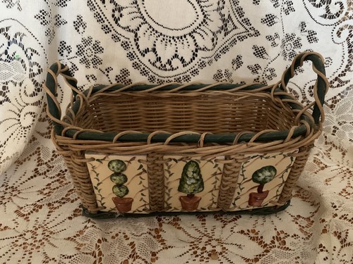 Wicker Storage Basket w/Topiary Ceramic Tiles 12in x 6in