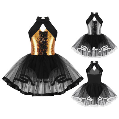 Kinder Mädchen Tango Mit Tutu Mesh Rock Trikot Pailletten Kleider Birthday Jazz