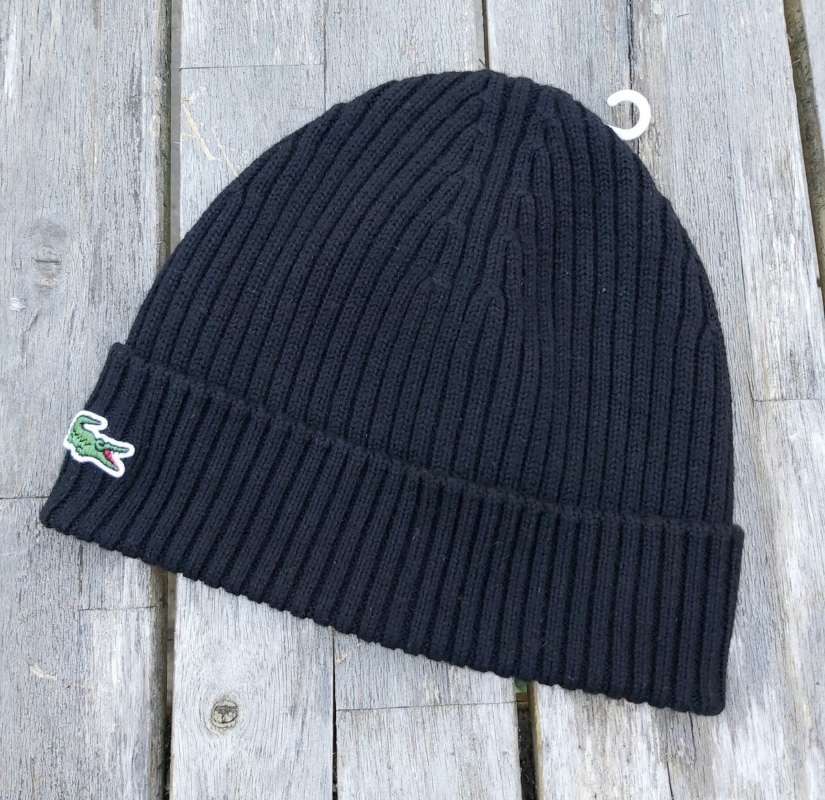 Genuine LACOSTE 100% Wool BLACK Rib Cuff BEANIE Hat OSFA New Tags RB4162  Lac3