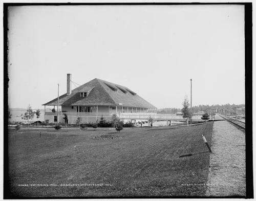 Swimming pool,buildings,railroad tracks,Charlevoix-the-Beautiful,Michigan,1890 - Picture 1 of 1